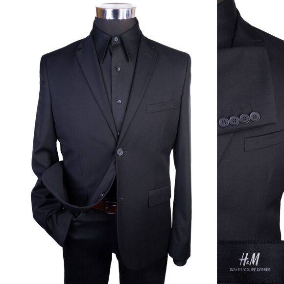 H&M Mens Blazer Sport Coat Two Button Casual Jacket Size 38R SLIM FIT BLACK - Picture 1 of 13